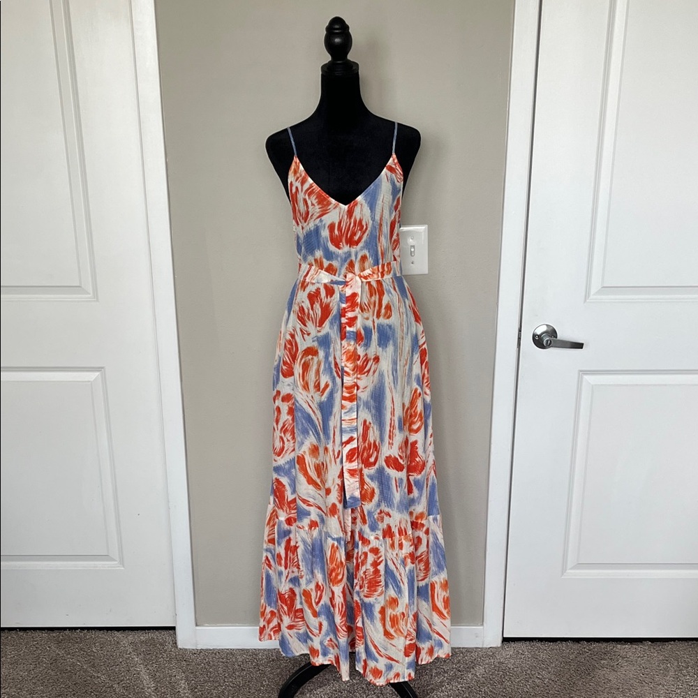 Vibrant Floral Maxi Dress in Red/Orange and Blue